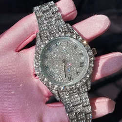 Montre-bracelet en diamant brillant pour femme, montre-bracelet en or à quartz, dessus en cristal, horloge élégante, cadeaux pour dames, marque de luxe