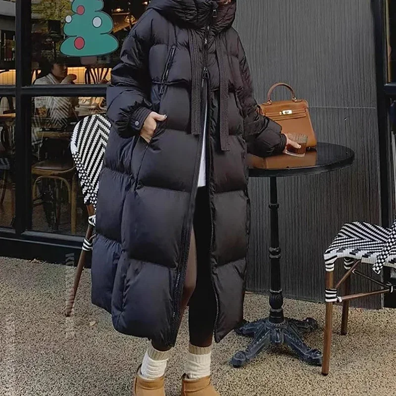 Abrini Casual Thickened Warm Hooded Down Coat Women Long Sleeve Zipper Pocket Long Coat Lady Office Parkas Fall Winter Down Coat