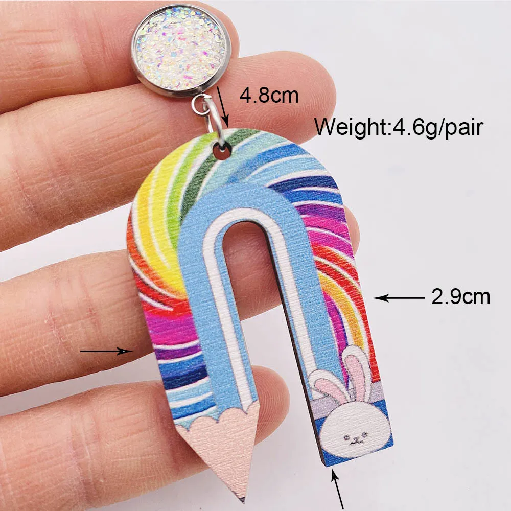 New Student Teacher Wooden Earrings Leopard  Rainbow Arched Pencil Drop Earrings for Women Back To School Teacher Gifts