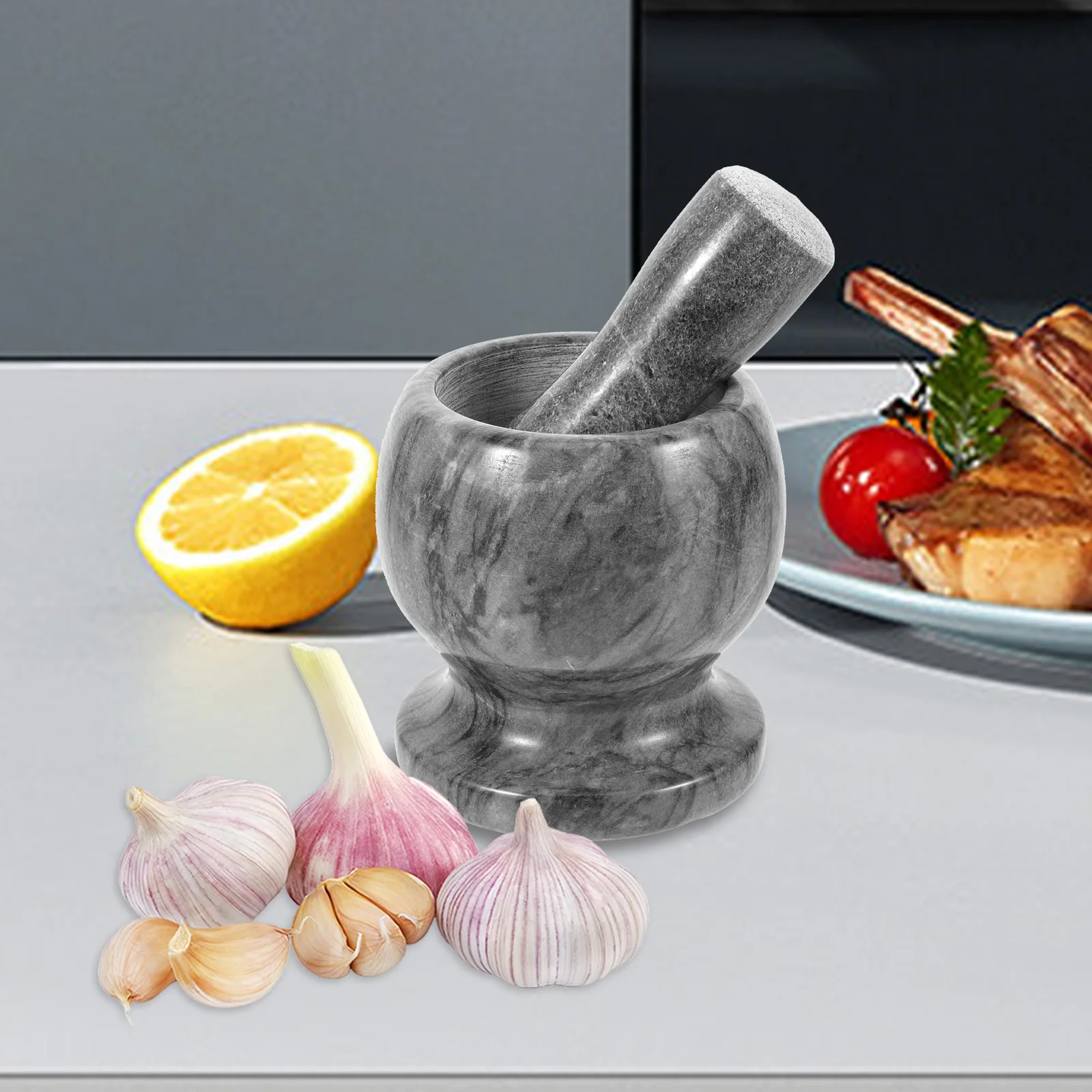 

1 set Garlic Mortar Set Marble Stone Multi-Functional Kitchen Gadget For Crushing Spices Garlic Masher Home Use Vegetable Tool