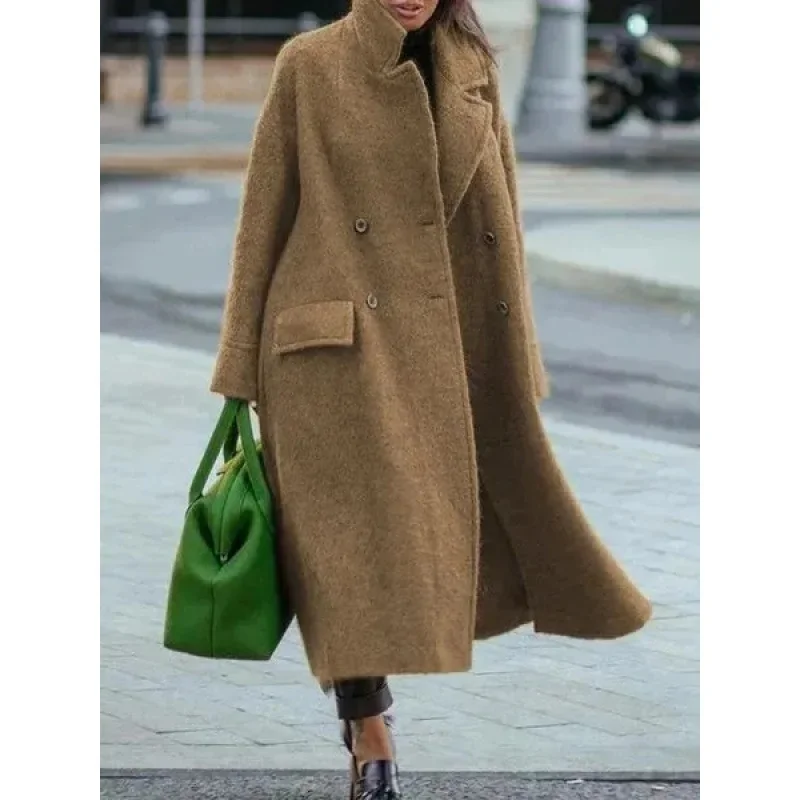 

Casual Long Pure Color Warm Woolen Coat Spring Autumn Winter Women's Fashion V-neck Full Sleeve Regular Type Outerwear
