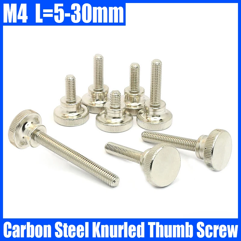 1-20PCS M4 L=5-30mm Carbon Steel Knurled Thumb Screw Nickel Plating High Head Hand Tighten Thumb Screw Manual Adjustment Screw