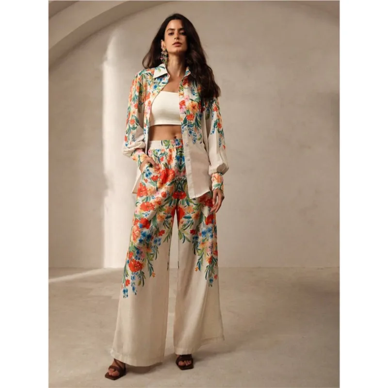 

Women Casual Button Long Sleeve Shirt Tops&Wide Leg Pants Set Lady Pockets Outfits 2025 Elegant Floral Print 2Pc Sets