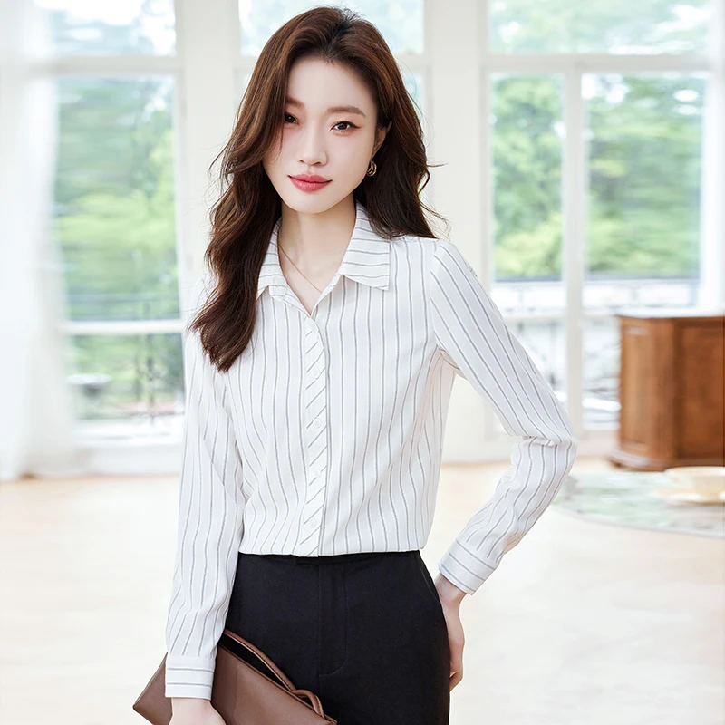 NAVIU Pink Stripes Shirt Women New 2023 Autumn Fashion Temperament Formal Long Sleeve Slim Blouses Office Ladies Work Tops White