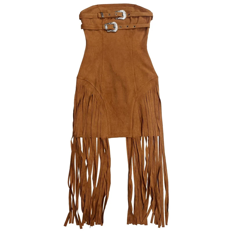 Vestidos Midi sexis sin mangas sin tirantes con dobladillo y borlas para mujer, vestido De noche ajustado con botones De Metal para vacaciones De verano, Vestidos De Fiesta