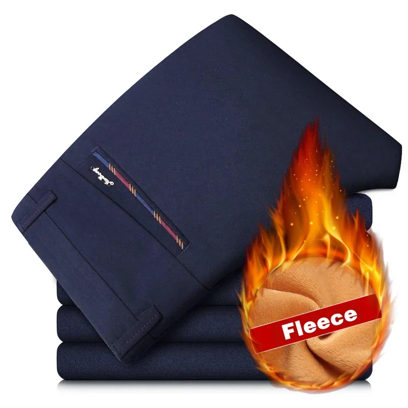 

Winter Men's Warm Velvet Casual Pants Office Classic Fleece Thicken Trousers Stretch Straight Business Social Thermal Suit Pants