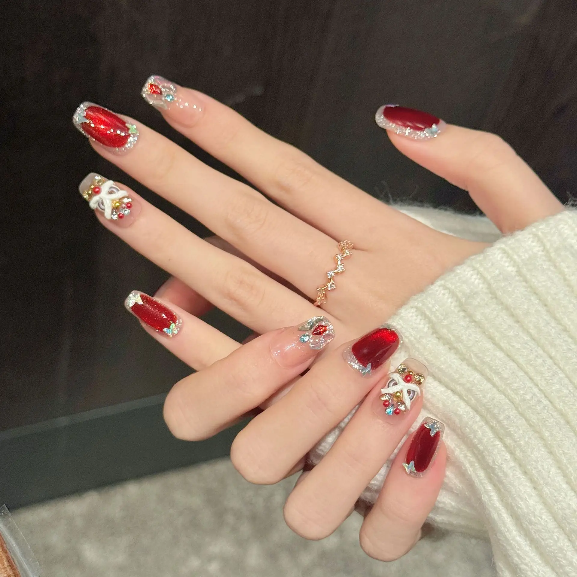 10PCS New Year High End Handmade Press On Nails Red Lion Fortune Pure Handcrafted Wearable Nails With4-PIECE Tool Adhesive Nail