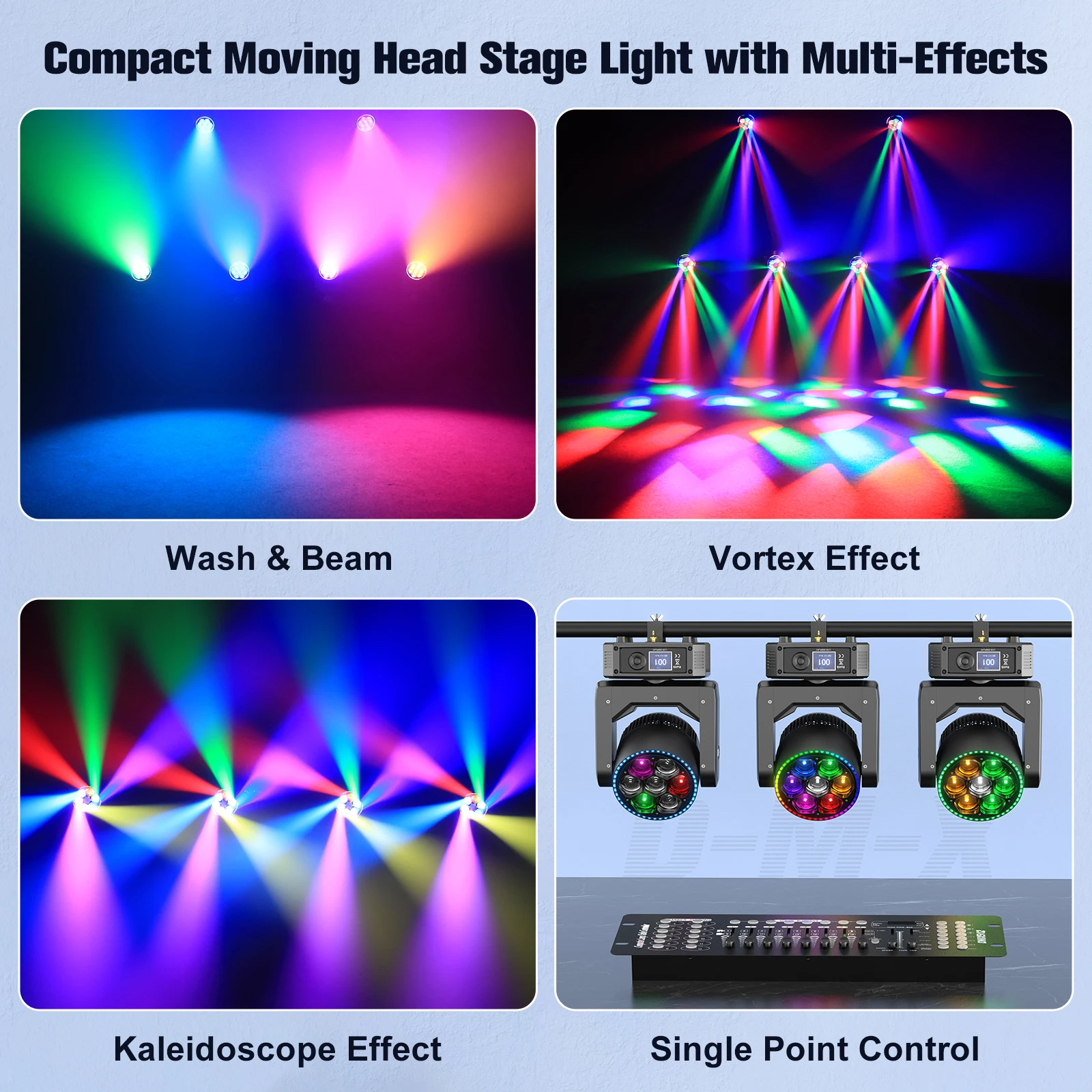 U'King 300W Mini Moving Head Light 7X25W RGBW LED Bee's Eye+Light Strip Stage Light DMX Zoom Beam DJ  Light For Concert KTV Bar