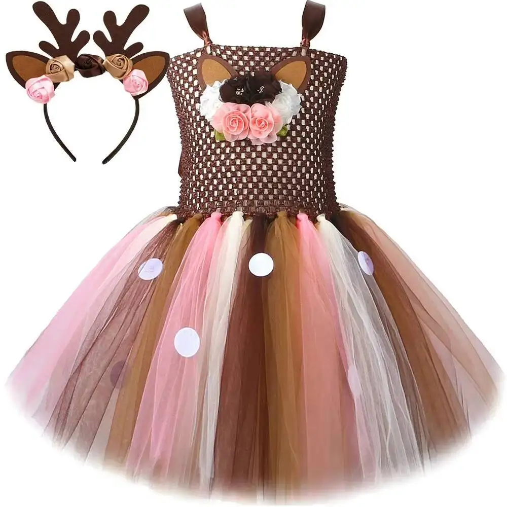 Braun Rosa Blume Hirsch Tutu Kleid für Mädchen Weihnachten Rentier Kostüme Kinder Neujahr Karneval Outfits Weihnachtsgeschenk mit Haarschleife