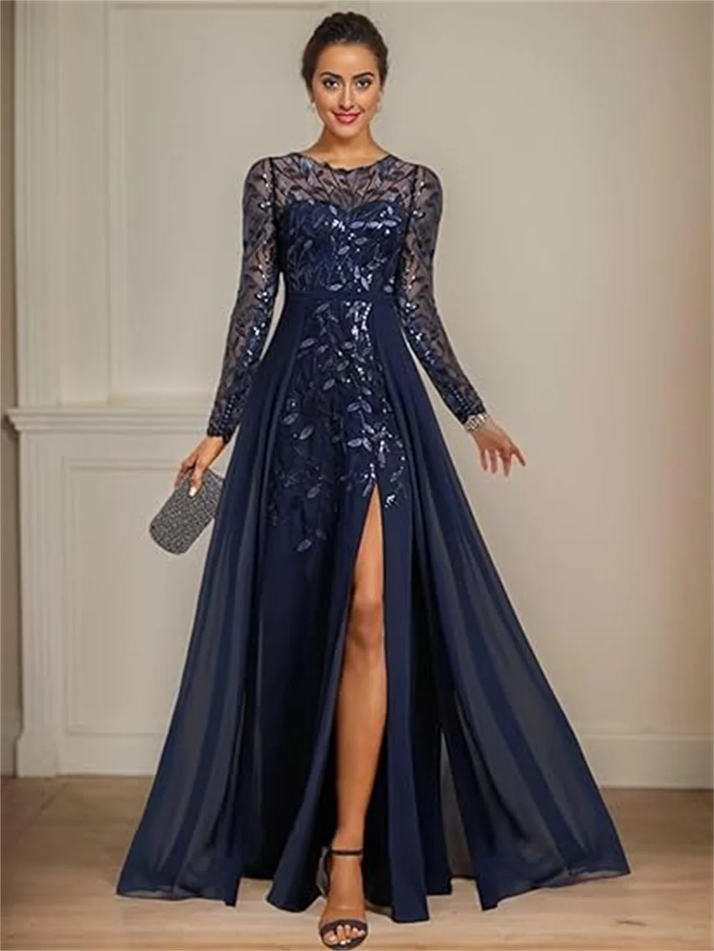 

Customized Long Sleeves Mother Of The Bride Dresses Chiffon Sequin Wedding Guest Dress With Slit Appliques Formal Evening Dress