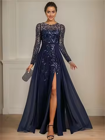 Long Sleeves Mother Of The Bride Dresses Chiffon Sequin Wedding Guest Dress With Slit Appliques Formal Evening Dress