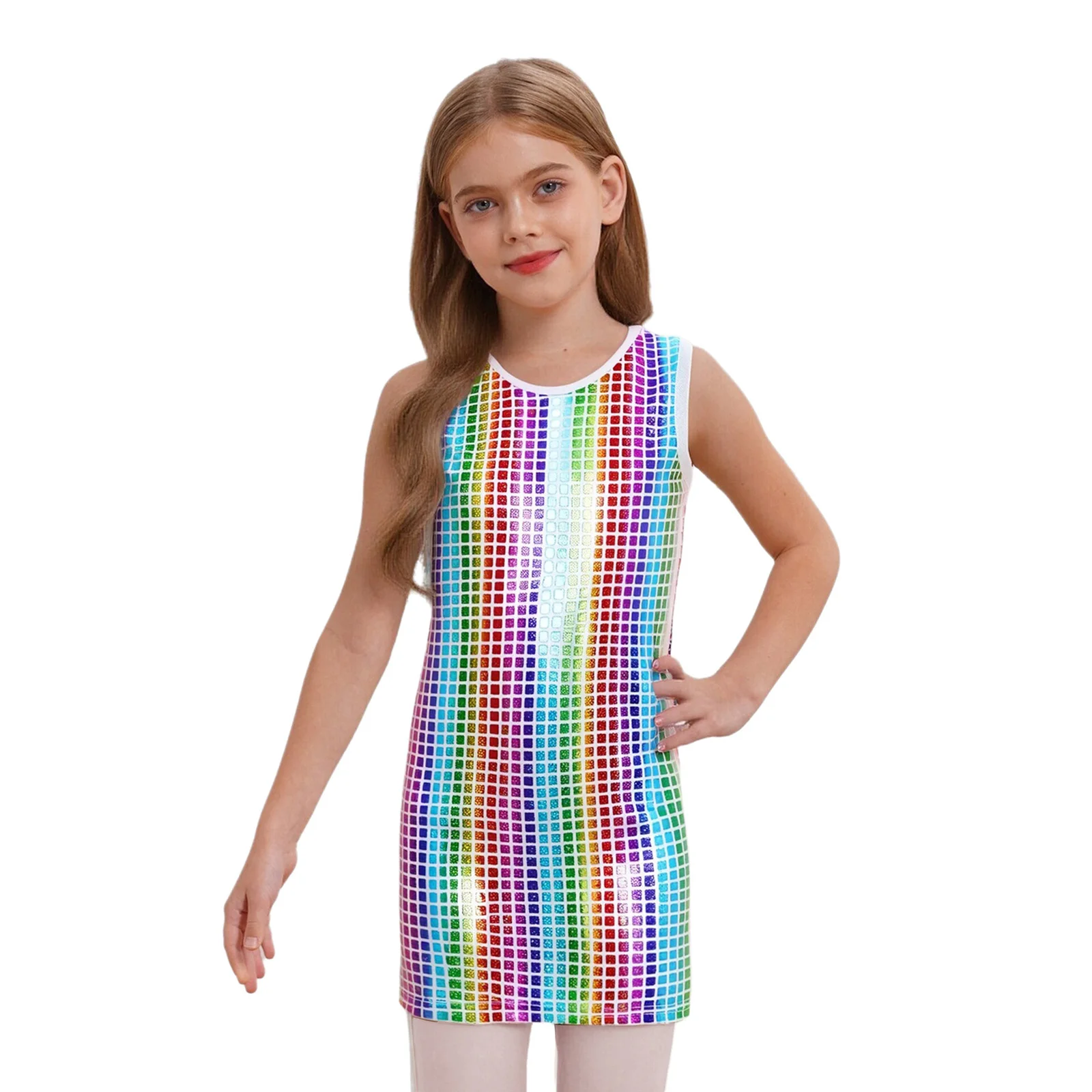 

Kids Girls Dance Dress Shiny Metallic Plaid Round Neck Sleeveless Tank Dress Ballroom Retro Disco Jazz Dance Performance Costume