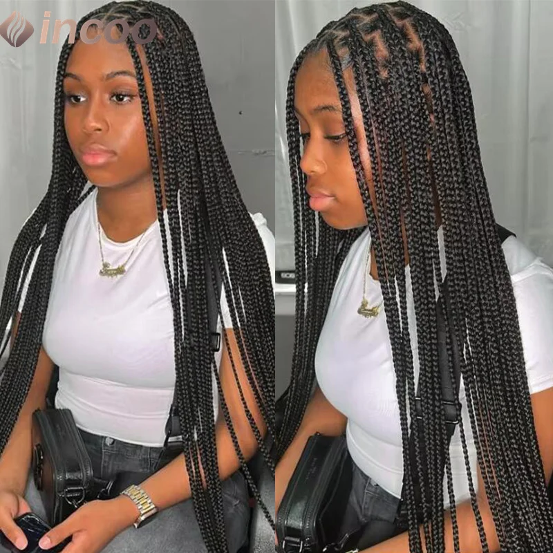 36" Synthetic Full Lace Wig Knotless Box Braided Wigs For Black Woman Cornrow Braided Lace Front Wig African Square Hair Wigs