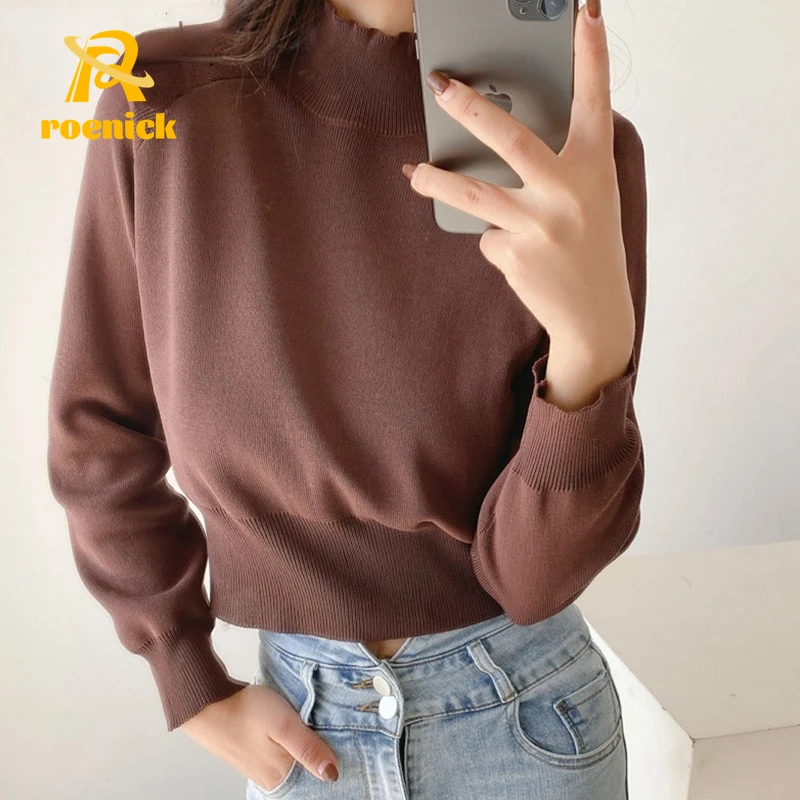 

ROENICK Women Shoulder Pads Sweaters Female Vintage High Neck Long Sleeve Knitted Tops Fashion Pullovers Chic Slim Brown Tops