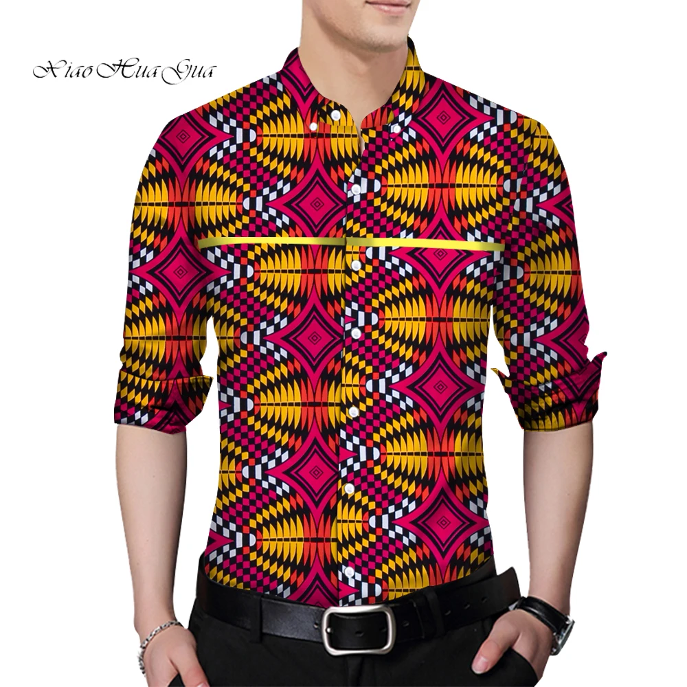 

African Clothing Men Long Sleeve Wax Print Shirt Bazin Riche Cotton Men Tops African Clothes Causal Shirts African Shirt WYN830