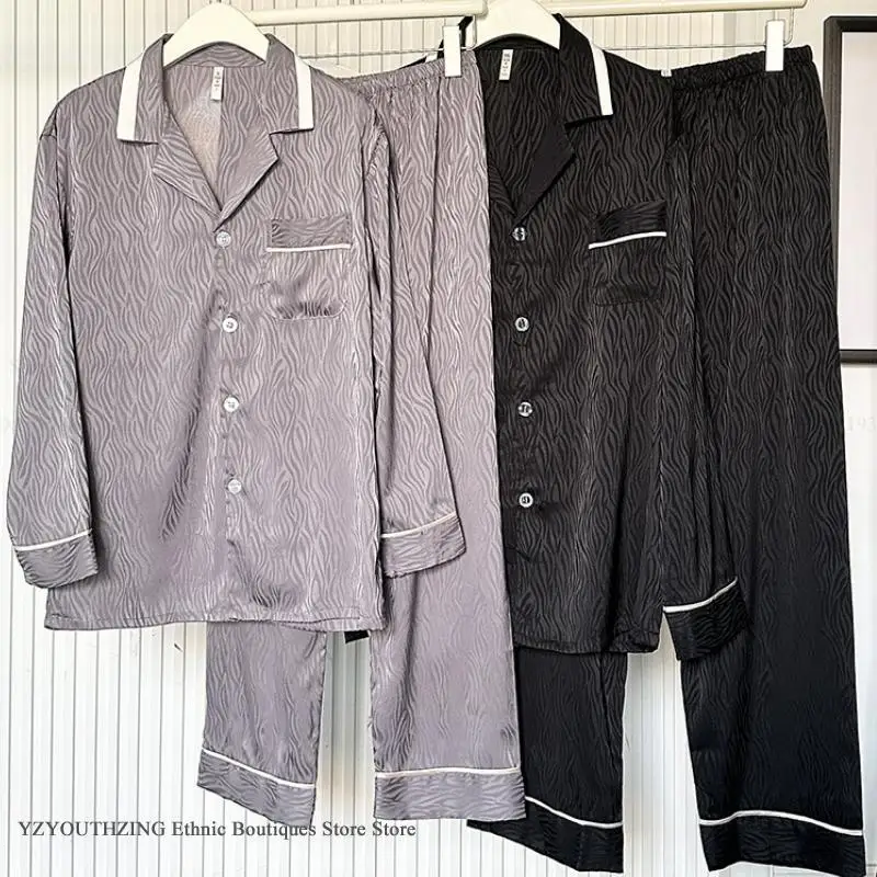 

New Ice Silk Men's Sleepwear 2Pcs Pajamas Set Spring Autumn Casual Lounge Wear Pijamas Suit Fashion Home Clothes Pyjama Out Wear