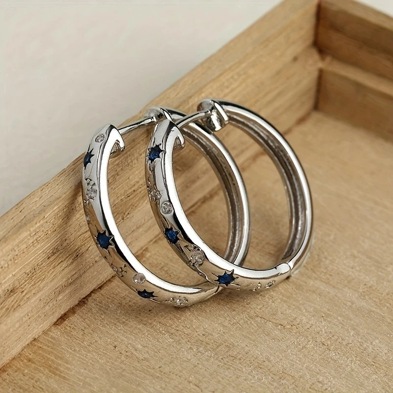 Silvery Blue Zircon Hoop Earrings For Women Star Moon Galaxy Starry Blue Zircon Luxury Jewelry Gifts 1Pair