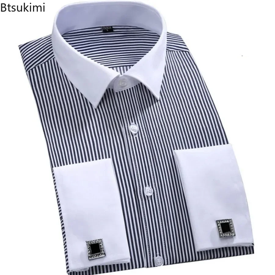 2025 Men's Dress Shirts Loose Tuxedo French Cuff Regular Fit Luxury Striped Business Long Sleeve Cufflinks Social Casual Shirts