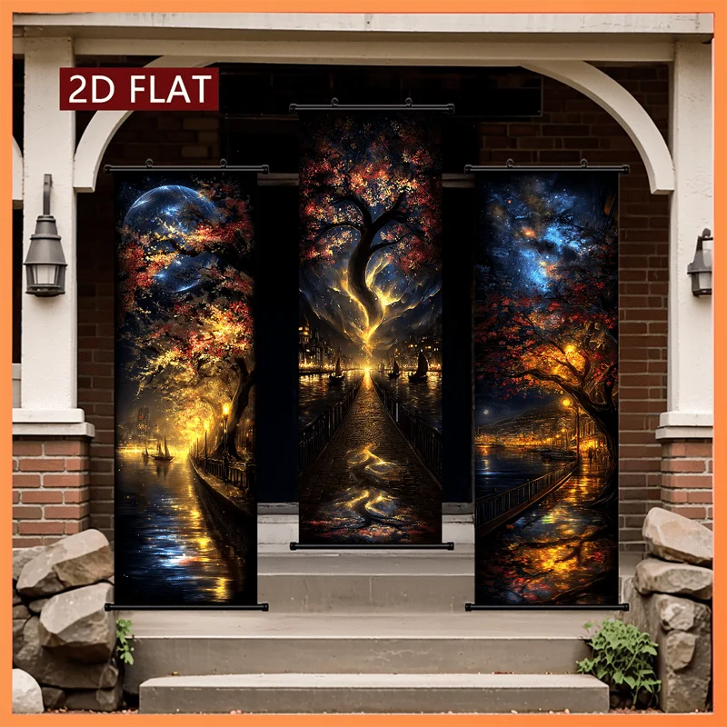 VIKAMA Fantasy Night Harbor Red Maple Moonlit Cityscape 3 Piece Wall Scroll Tapestry Set Wall Art Decor for Living Room Bedroom