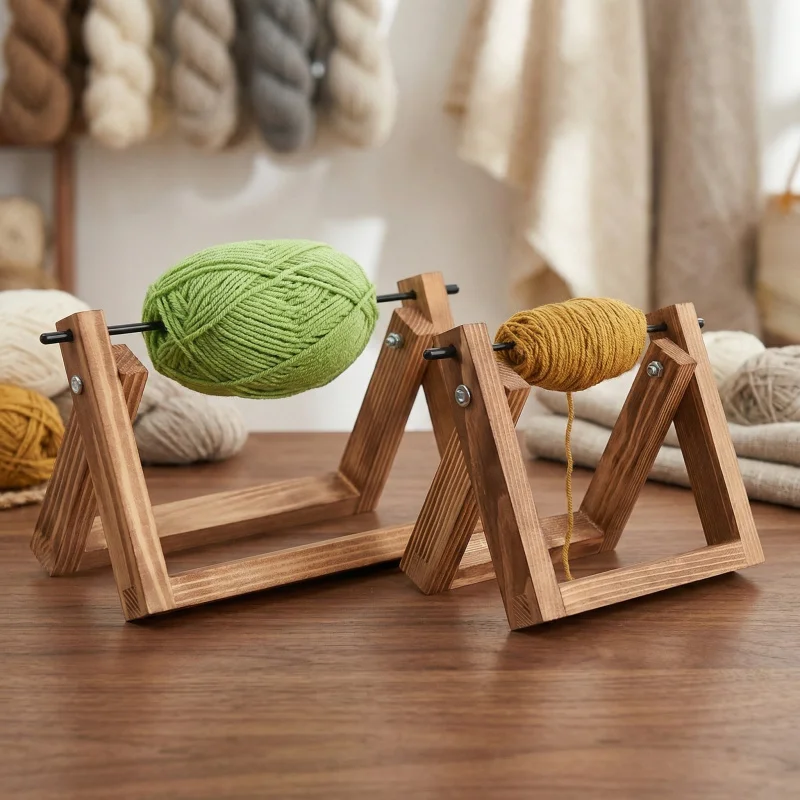 Solid Wood Yarn Winder Stand Hand-Woven Rotating Spool Holder Home Use Yarn Ball Organizer Storage Base for Knitting Accessories