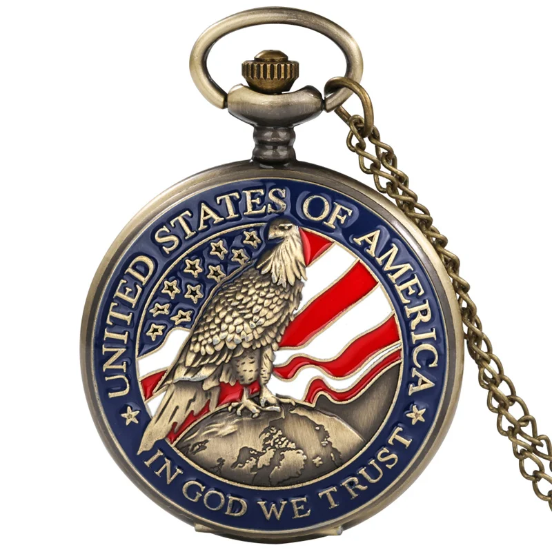 Antique Style American Eagle Quartz Pocket Watch with Necklace Chain In God We Trust Arabic Number Display Collectible Timepiece