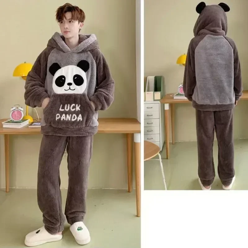 Hooded Cartoon Fleece Autumn Sleeves Loungewear Set Warm New Plush Coral 2023 Pajamas Long Sleepwear Winter Men's Thick