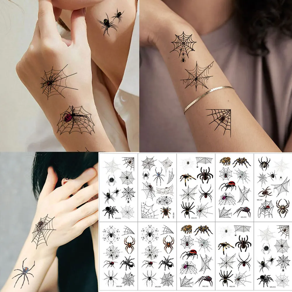 10 fogli impermeabili tatuaggi temporanei di Halloween per uomo donna Spider Web Tattoo Stickers per Halloween Party Fake Tattoo