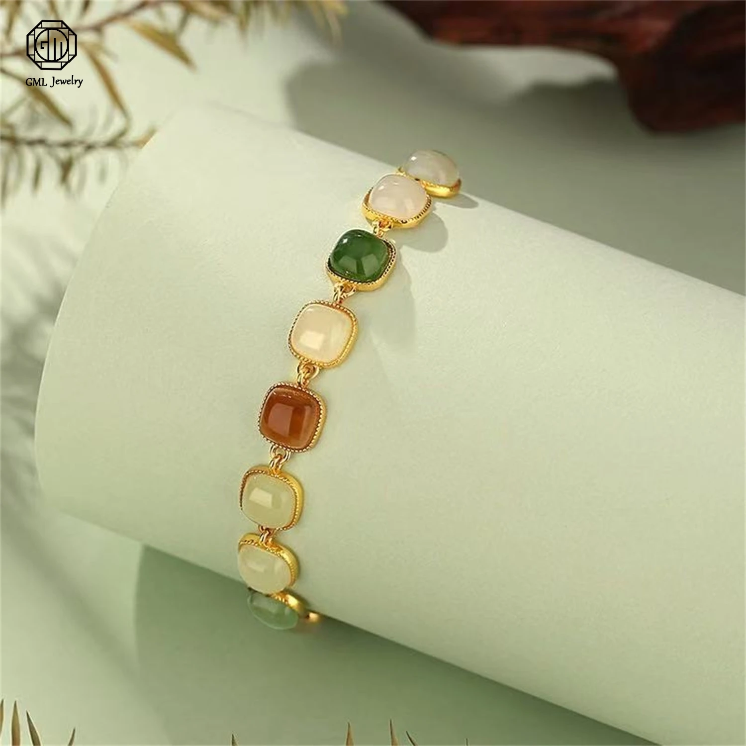 Natural Hetian Jade Multi Treasure Small Square Sugar Cube Beaded Bracelet Women Neo Chinese High End Jewelry Gift