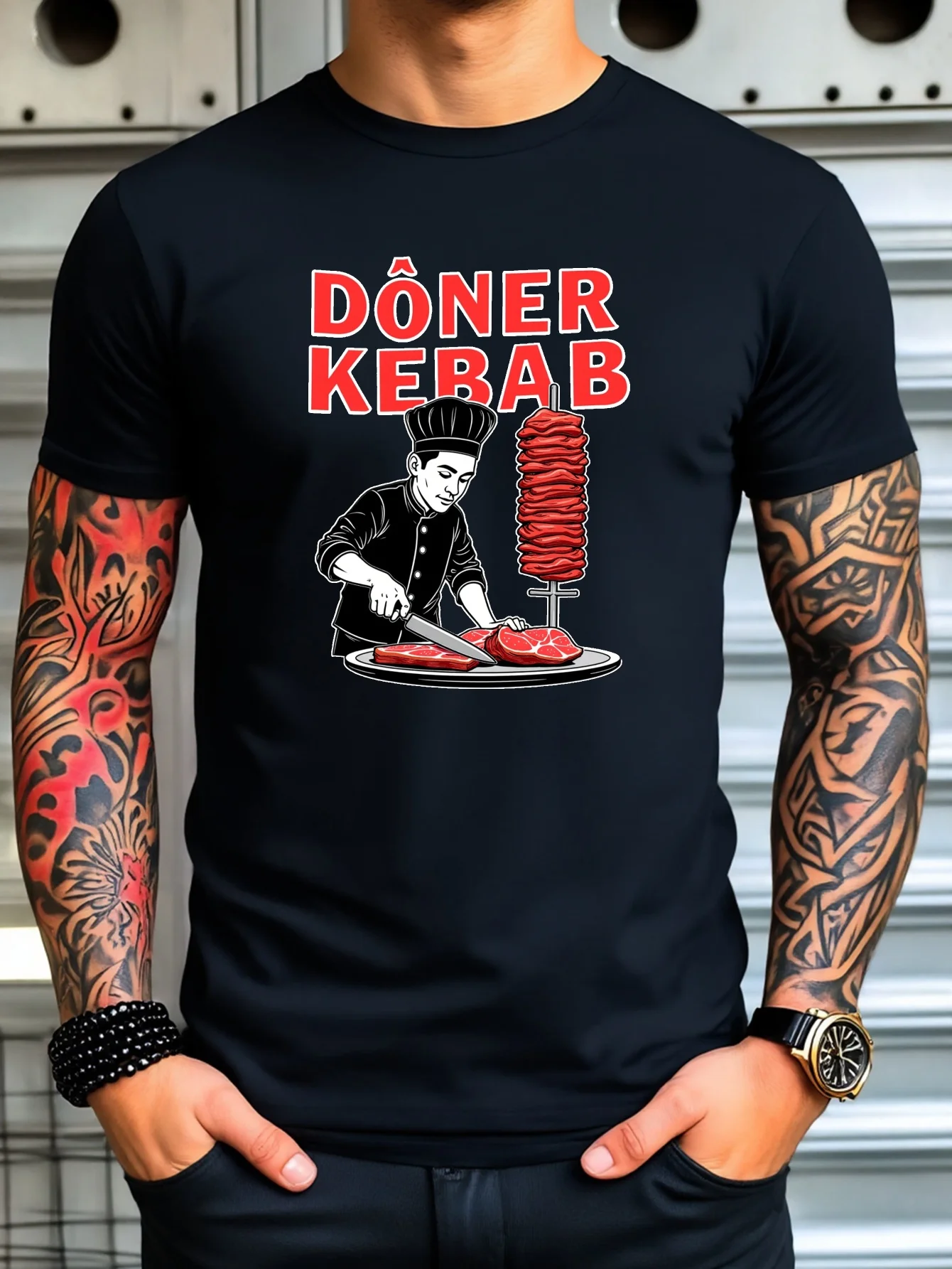 Men Cotton Tee Vintage Doner Kebab Chef Graphic Short Sleeve Crew Neck Casual Street T Shirt For Food Lovers Summer Daily Tops