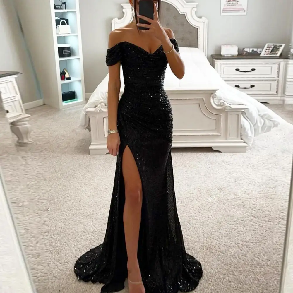 2025 elegante vestido con hombros descubiertos, vestido con cuello en V, lentejuelas plisadas, manga corta, cintura ajustada, Maxi vestido de fiesta de noche dividido