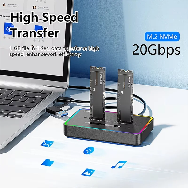 Blueendless Dual-Bay M.2 NVME SSD Docking Station RGB USB C Type C Offline Cloner Duplicator Nvme PCIE Enclosure-N36R