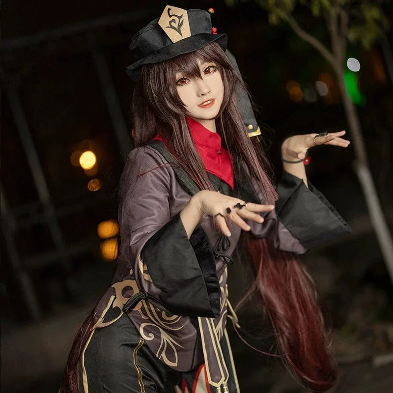 Genshin Hutao Cosplay-Perücke, Kunsthaar, Halloween, Karneval, Konvention, Verkleidung, Damenkostüm, Requisiten, Party-Perücke, kostenlose Perückenkappe