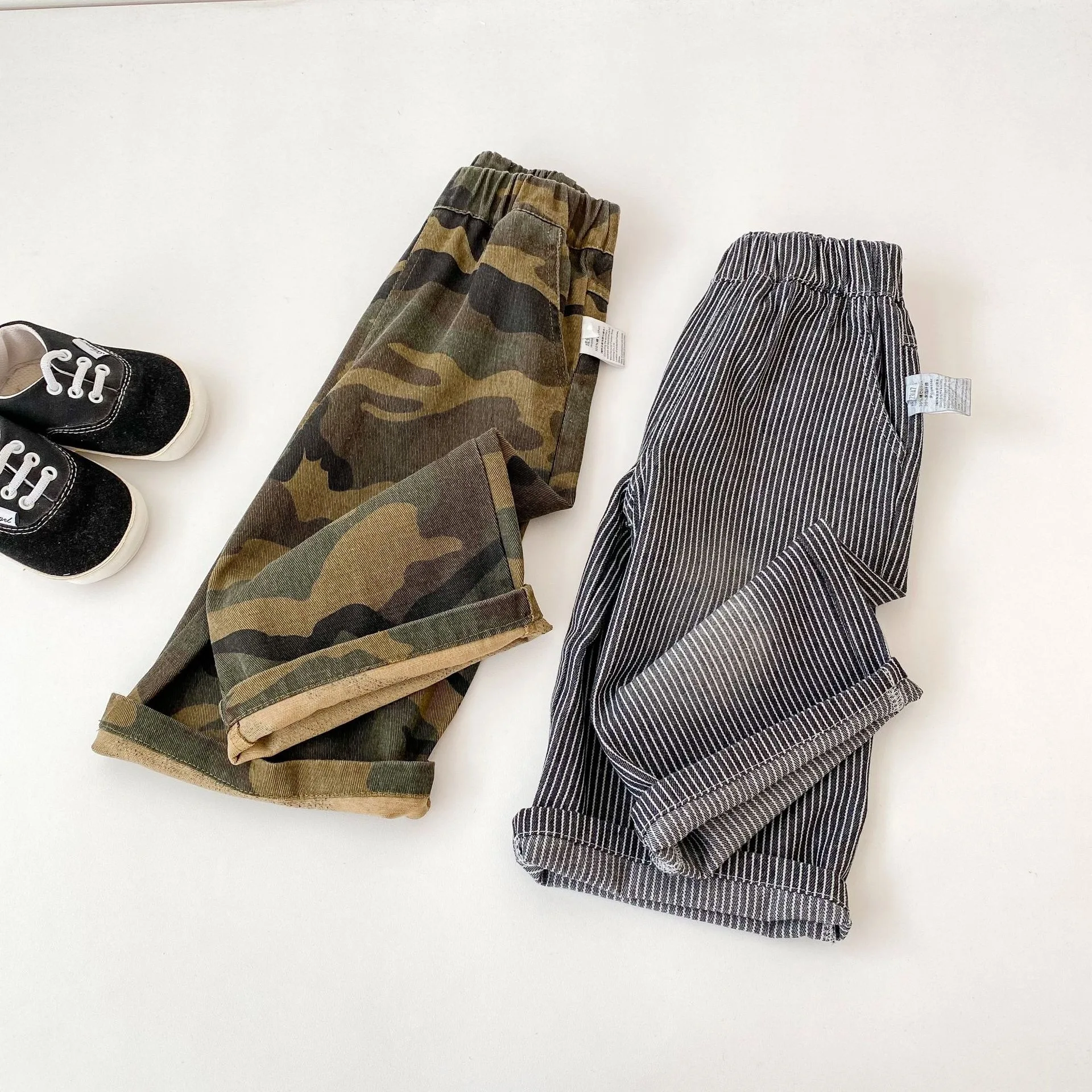 2026 Spring Autumn Boys Camo Cargo Pants Kids Loose Fit Casual Joggers Unisex Striped Denim Long Pants