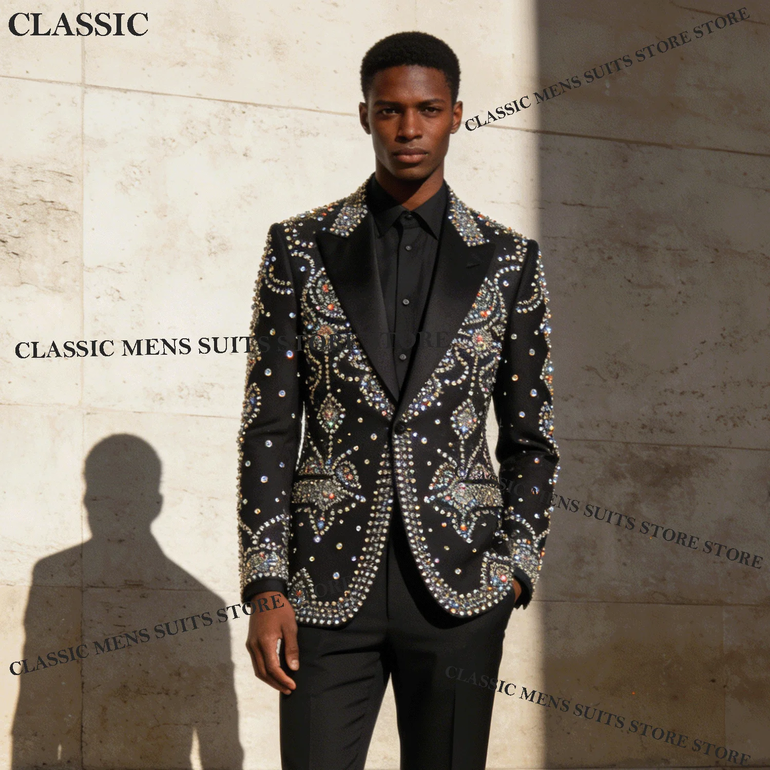 

Exquisite Rhinestones Crystals Men Suits Wedding Tuxedos Customized Slim Fit Formal Ropa hombre 2 Pieces Sets Groom Male Blazers
