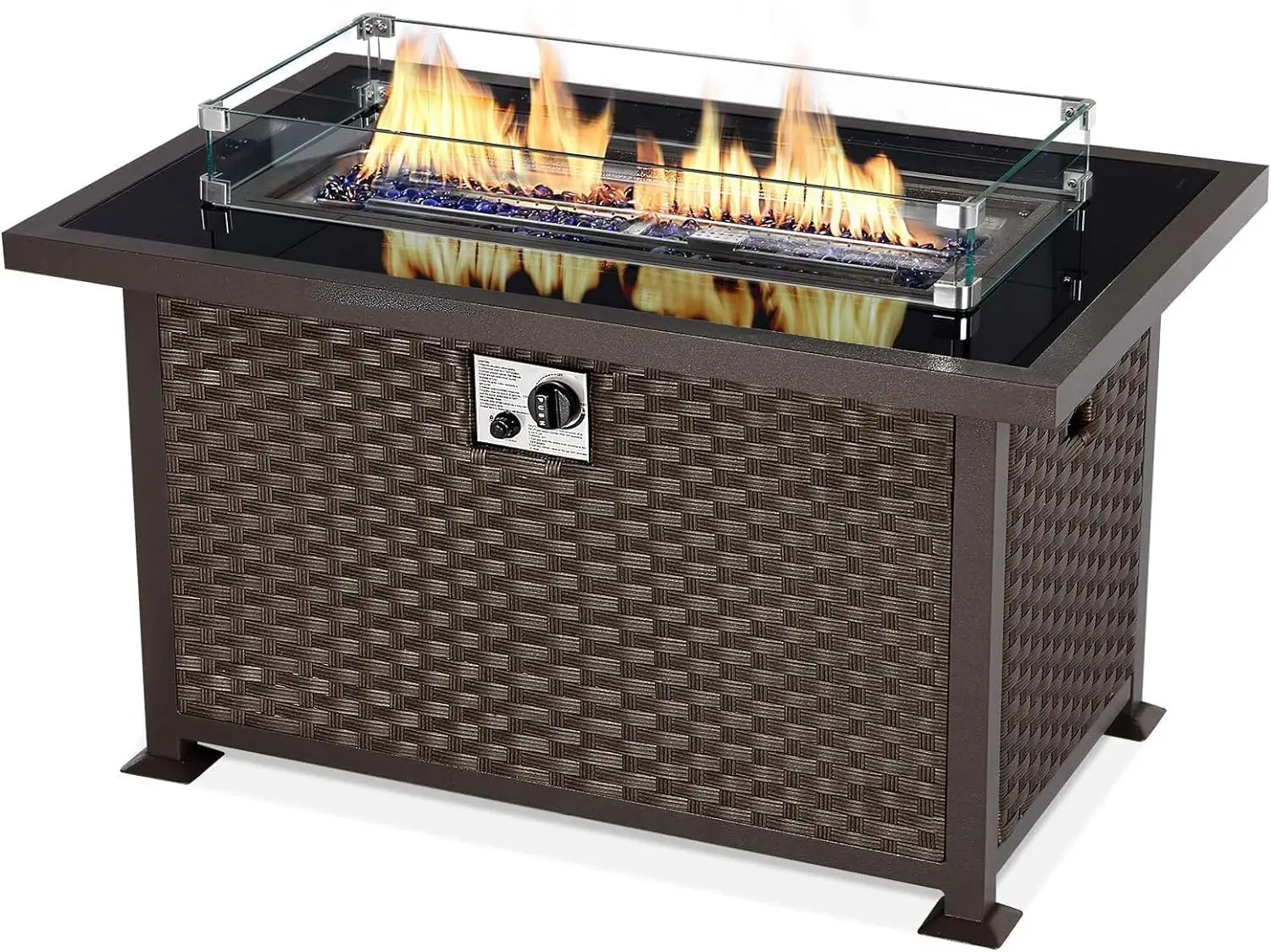 U-Max 44In Outdoor Propane Gas Fire Pit Table, 50,000 Btu Auto-Ignition Gas Firepit With Glass Wind Guard, Black Tempered Glass