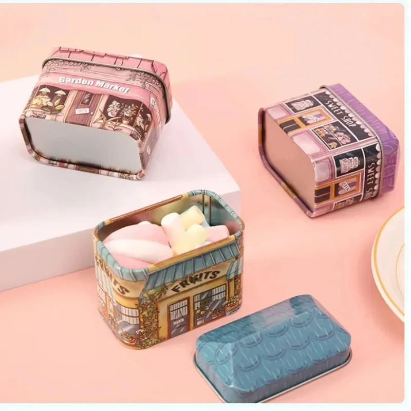 Mini Shop Design Collectables Tin Box Little House Seal Storage Box Candy Chocolate Container Small Packing Gifts for Kids Girl