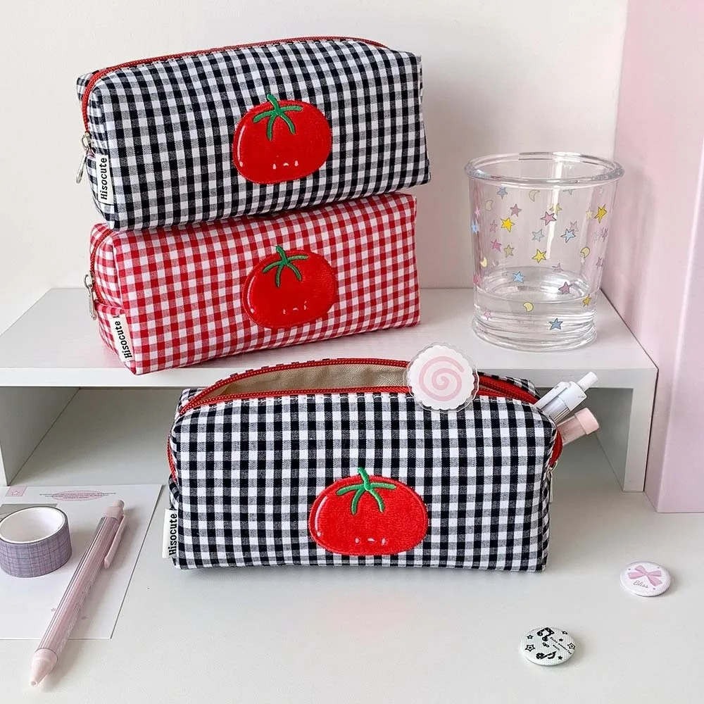 Tomato Pen Bag Fruit Plaid Stationery Bag Desktop Storage Large Capacity Korean Style Pencil Case Aesthetic Ins Style