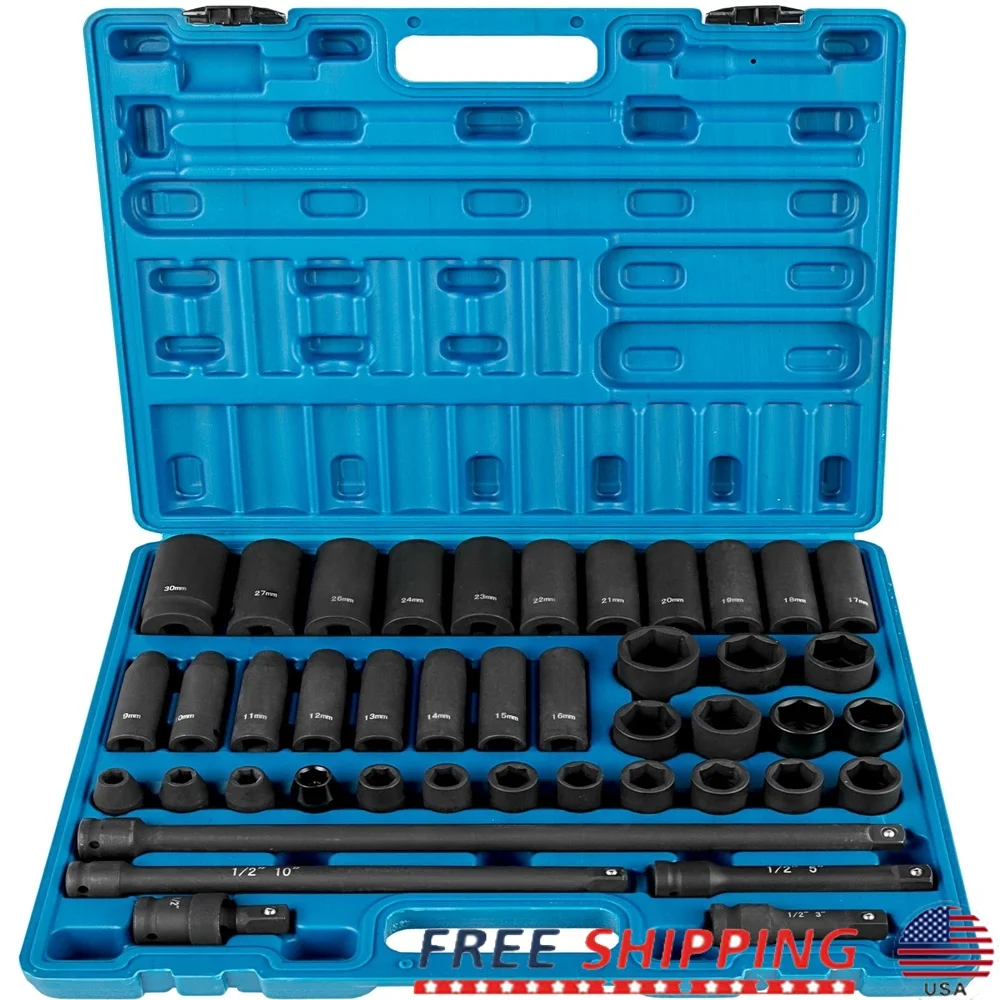 

1/2 Inch Chrome Finish Deep Socket Wrench Set 43 Piece High Torque 6 Point Sockets Extension Bars Carrying Case Heavy Duty