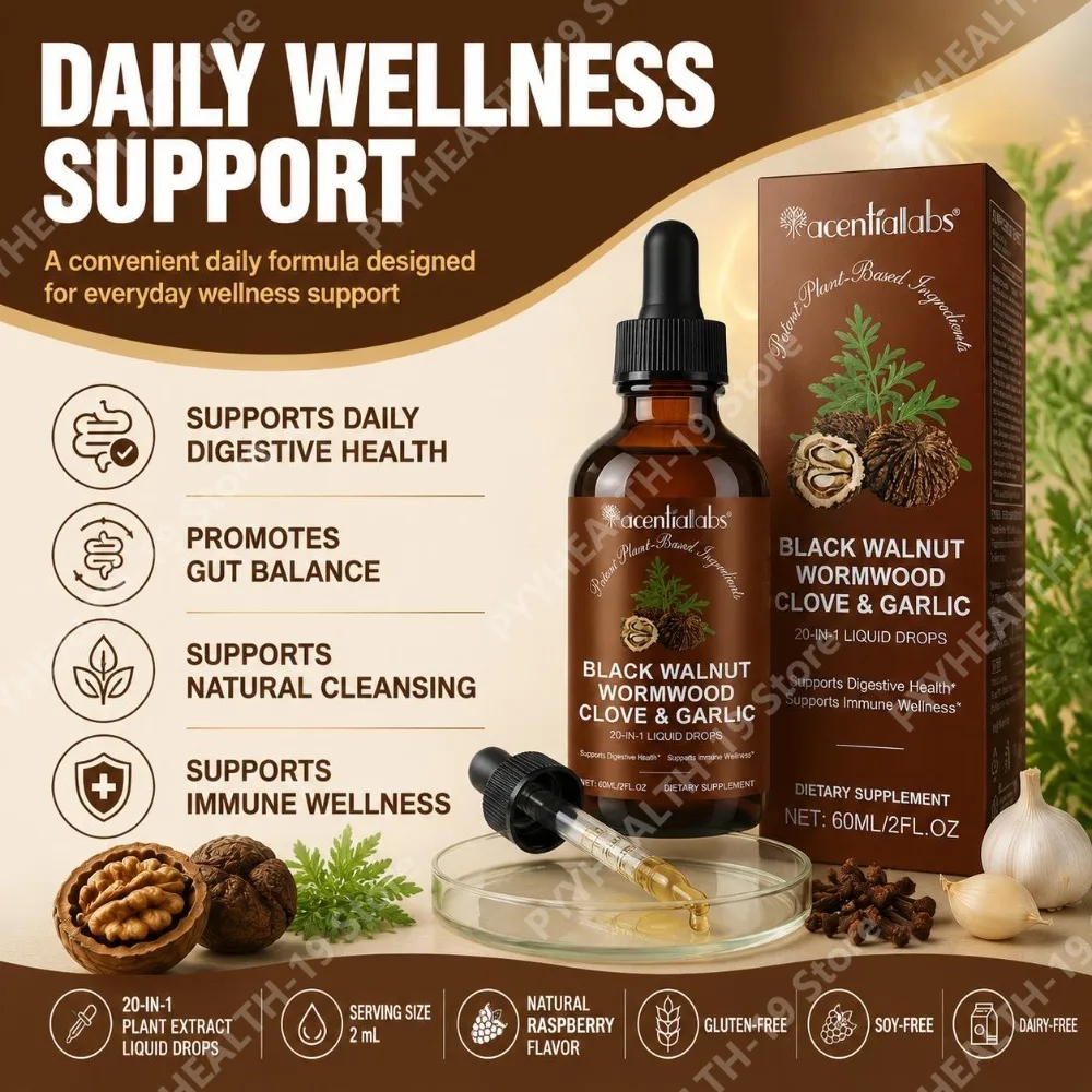 Acentiallabs Black Walnut Wormwood Clove Garlic Liquid Drops 20-in-1 For Digestive Gut Balance & Wellness Support Adult 60ml