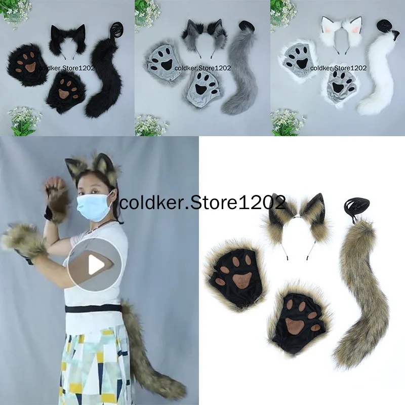 Traje de cola de bestia simulada, diadema de felpa con goteo de dedo, garra de gato, accesorios Kawaii de moda, banda para el pelo de oreja de lobo