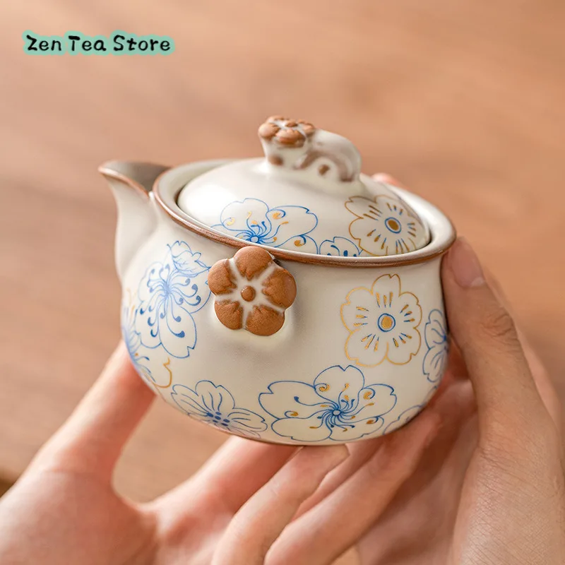 Blue Peach Blossom Ru Kiln Teapot Single Pot Tea Imitation Song Hand Grab Pot Open Piece Can Be Raised Single