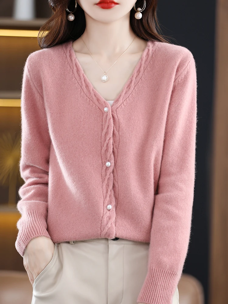 Spring Autumn Women Twist Flower V-neck Sweater Cardigan 100% Pure Wool Knitwear Vintage Long Sleeve Pearl Button Cashmere Tops