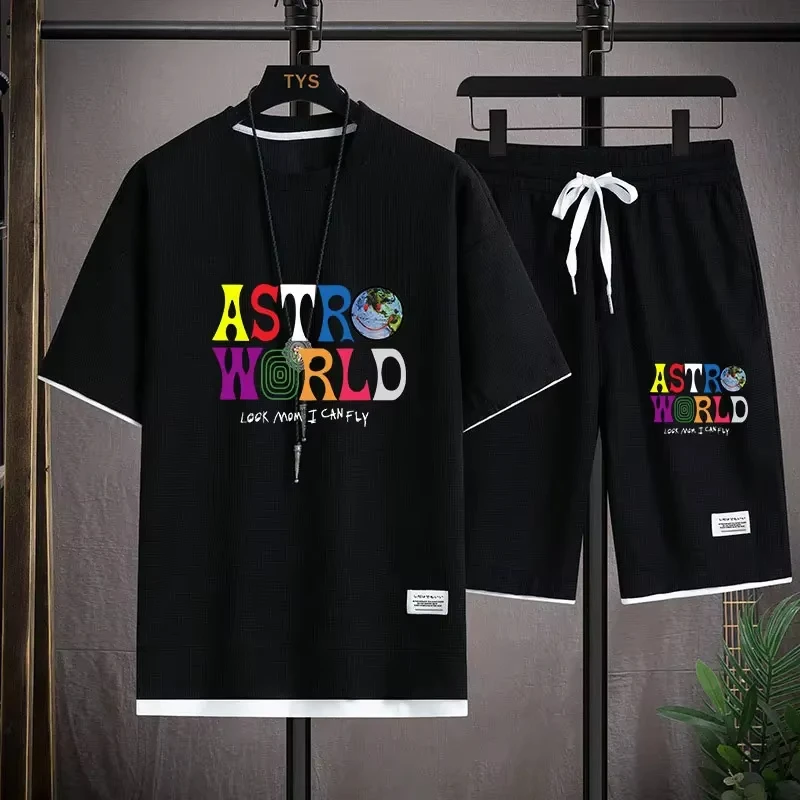 

Summer Men's Spider Print T-shirt + Shorts Suit Casual Two-piece Waffle Sportswear 2024 Fashionable and Comfortable Suit M-3XL