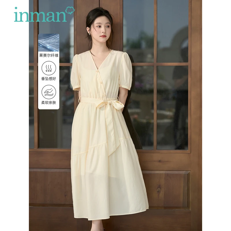 

INMAN Women Dress 2023 Summer Bishop Sleeve Diagonal Placket V-neck A-shaped Pleated Design French Elegant Apricot Skirt