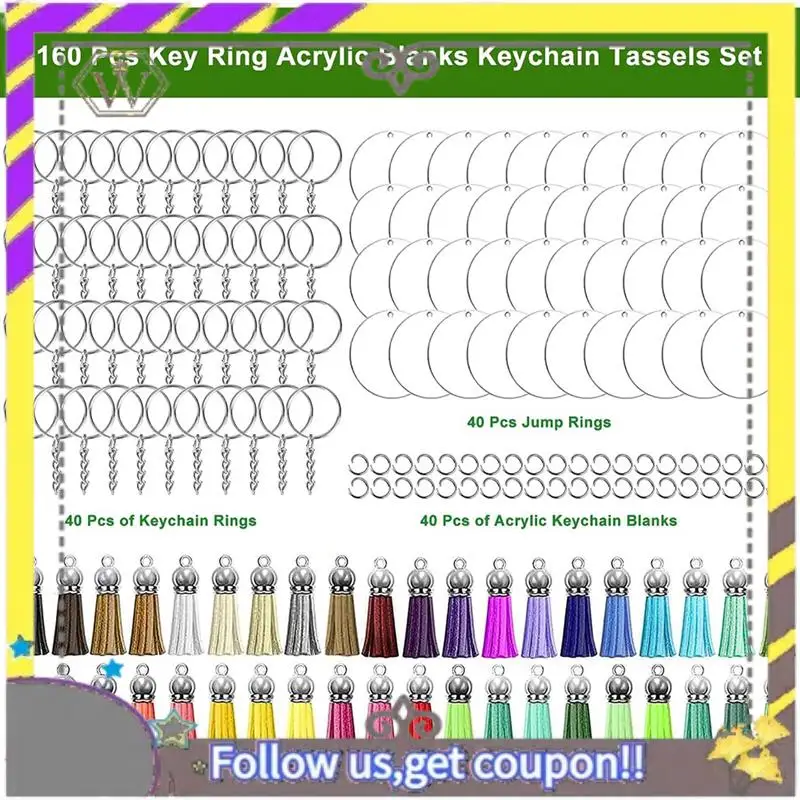 

New Acrylic Transparent Key Ring Set Key Fob Clear Acrylic Blank Pendants With Tassels Key Ring Jump Rings