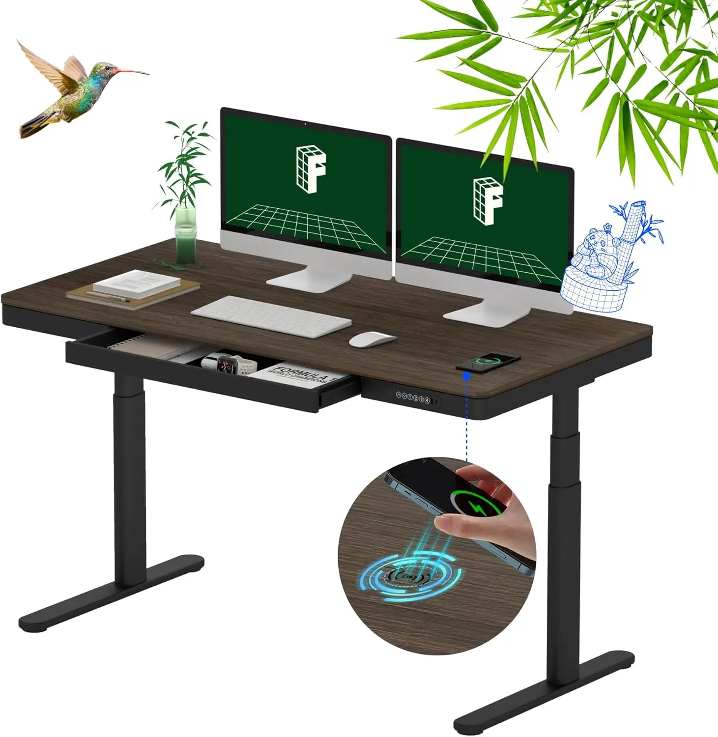 Bamboo Standing Desk, Dual Motor 3 Stages Adjustable Height Electric Computer Workstation Wireless Charging, Drawer