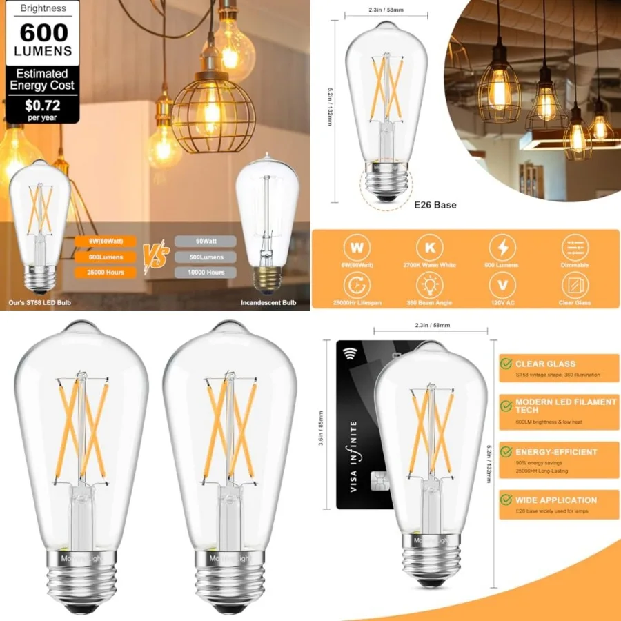 

Dimmable Vintage LED Edison Bulbs 60Watt, E26 LED Edison Bulbs 60 Watt Warm White 2700K, ST58 6W Antique Decorative Filament Bu