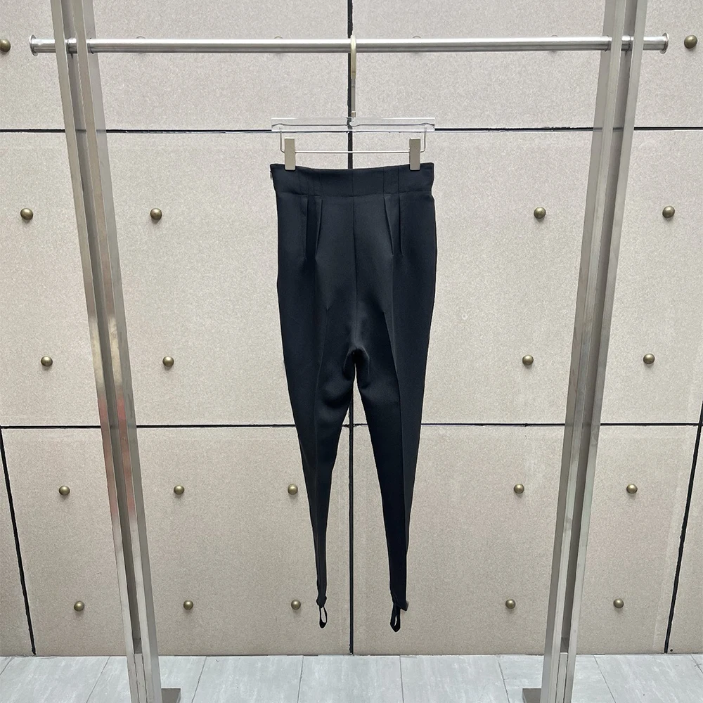 Women High Waist Suit Pants Elastic Waist Pleated Front Stirrup Trousers Slim Fit Office Business Ladies Foot Loop Dress Pants