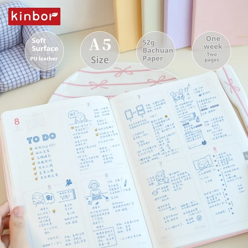 Kinbor A5 Pastel Notebook 2027 Planner 8-Grid/24-Hour Timeline PU Leather Agenda Kawaii Journal Diary Gift Women Men Stationery