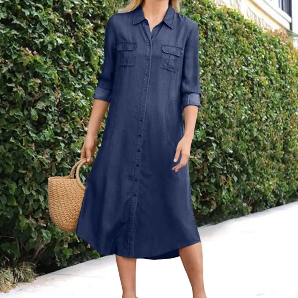 Vestido de camisa de peito único feminino, vestido Denim Midi, gola virada para baixo, ajuste solto, mangas compridas, bolsos múltiplos, monocromático, roupa feminina